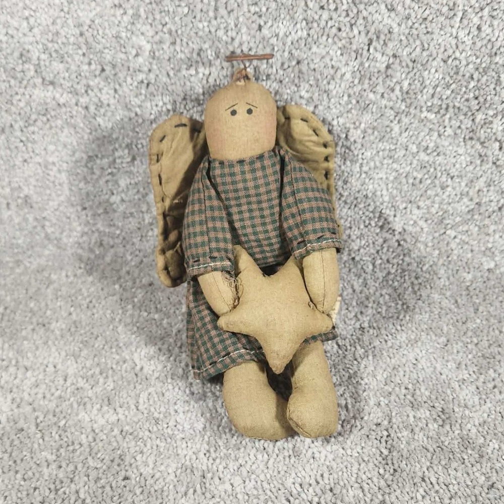 Angel Doll Green Gingham Primitive Folk Art Decor Fabric Handmade Look